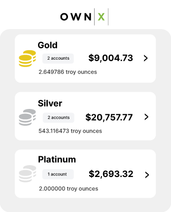 Illustrative OWNx account summary listing gold, silver, and platinum holdings with dollar values and troy ounces