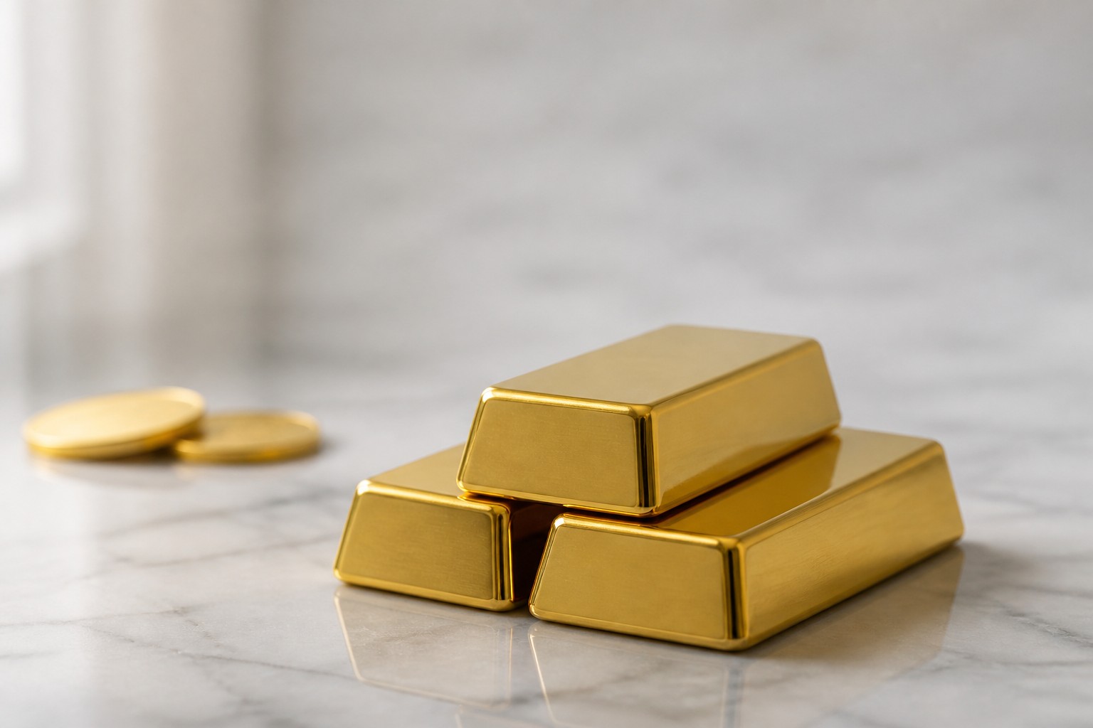 A stack of plain gold bullion bars on a marble surface with gold coins blurred in the background