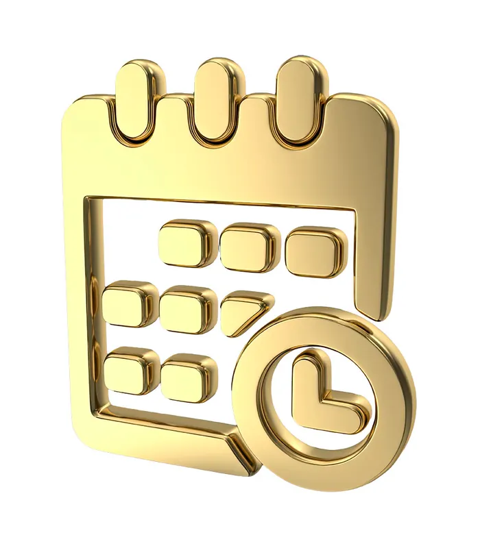 Gold calendar with a clock in its corner