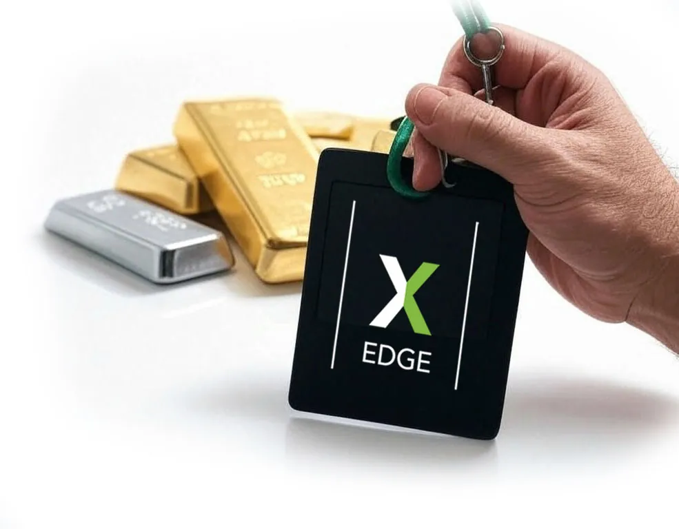 Hand holding a black OWNx EDGE membership tag in front of gold and silver bullion bars