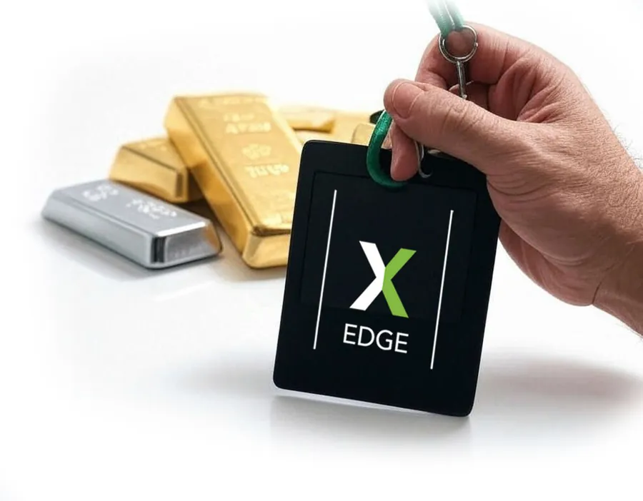 Hand holding an OWNx EDGE membership card in front of gold and silver bullion bars